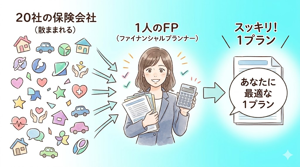 20社の保険会社の中からFPが最適な1プランを提案するインフォグラフィック