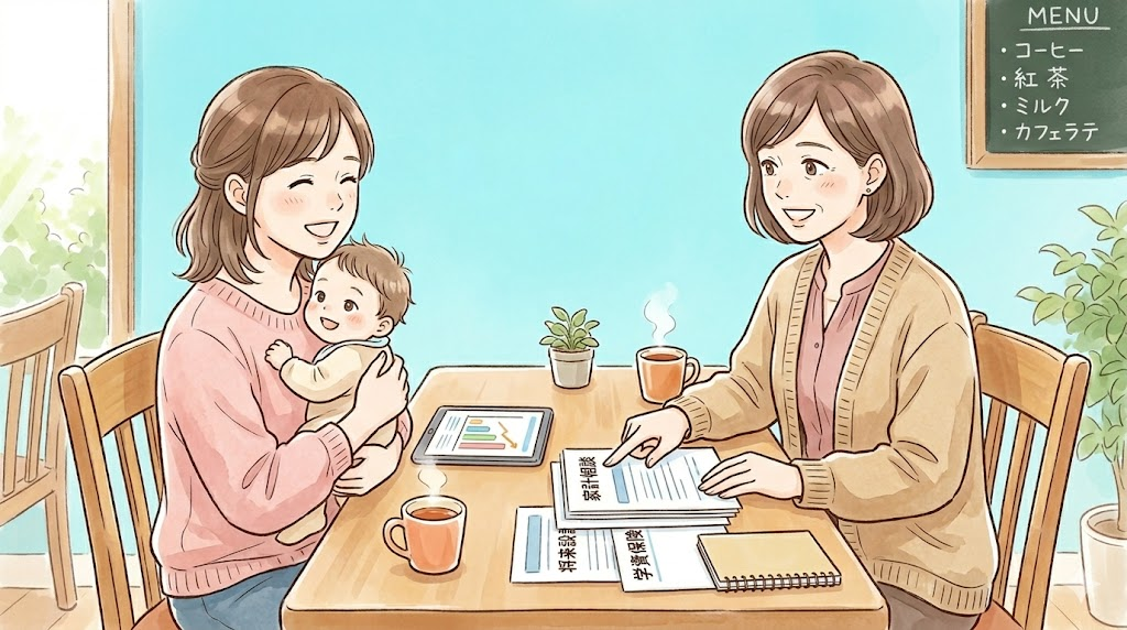 カフェでママとFPが笑顔で保険相談しているシーン。赤ちゃんを抱きながら相談するイメージ