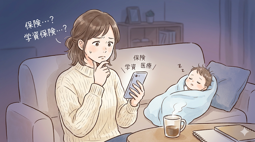 夜中にスマホで保険を調べているママ。保険・学資・医療と悩む様子