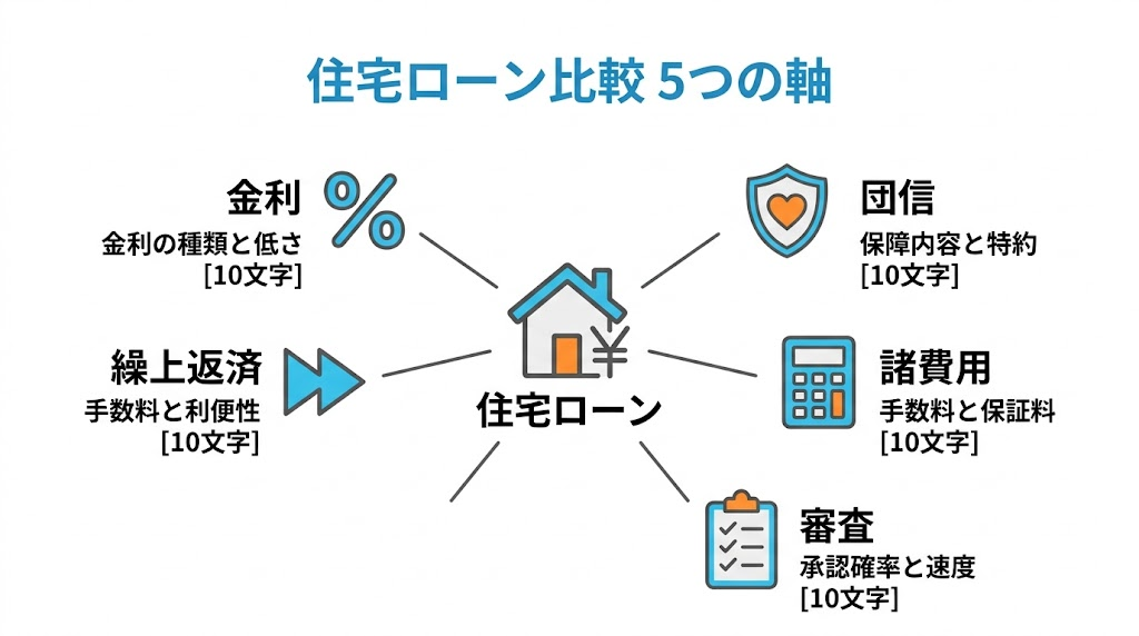 住宅ローン比較の5つの軸：金利・団信・諸費用・審査・繰上返済を放射状に整理したインフォグラフィック