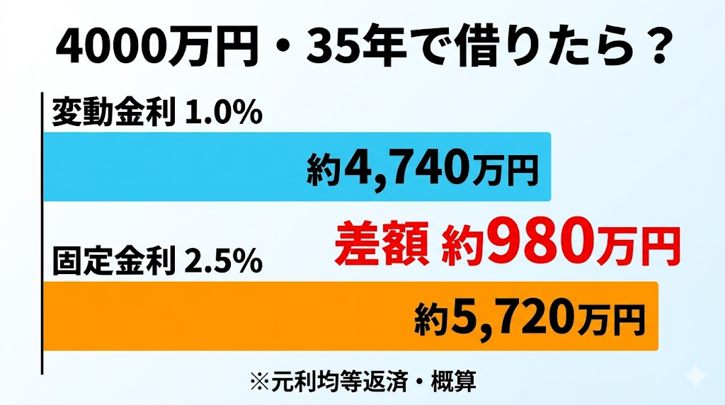 4000万円を35年で借りた場合の変動金利vs固定金利の総返済額比較：変動1.0%で約4740万円、固定2.5%で約5720万円、差額約980万円